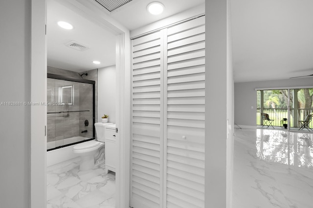 12500 SW 6th St Unit 206N, Pembroke Pines, FL 33027 - bathroom featuring marble finish flooring, combined bath / shower with glass door, and recessed lighting