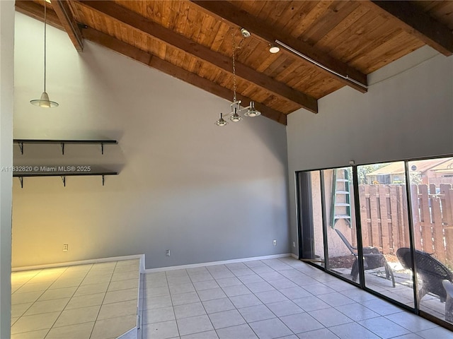 1965 SW 81st Way, Davie, FL 33324 - tiled empty room featuring a wood ceiling with exposed beams and high vaulted ceiling