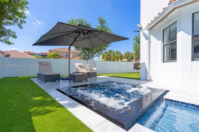 1005 NW 100th Ave, Miami, FL 33172 - view of swimming pool featuring a fenced backyard, a patio area, an in-ground hot tub, and an outdoor living space