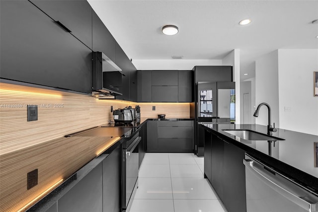 1005 NW 100th Ave, Miami, FL 33172 - kitchen featuring dishwasher, electric range, decorative backsplash, dark cabinetry, and dark countertops