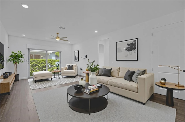 14549 Bretton Woods Trce, Delray Beach, FL 33446 - living room featuring wood finished floors, ceiling fan, and recessed lighting