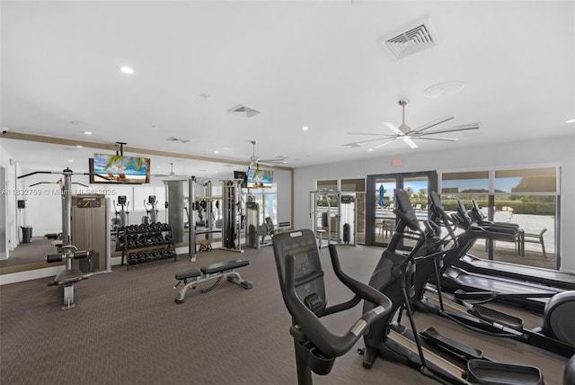 14549 Bretton Woods Trce, Delray Beach, FL 33446 - workout area featuring a ceiling fan, recessed lighting, and carpet floors