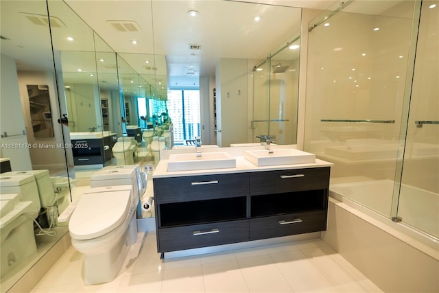 45 SW 9th St Unit 1705, Miami, FL 33130 - full bathroom featuring a shower with shower door, double vanity, a tub, tile patterned floors, and recessed lighting