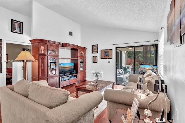 631 SW 113th Ave, Pembroke Pines, FL 33025 - living area with a textured ceiling, wood finished floors, and high vaulted ceiling