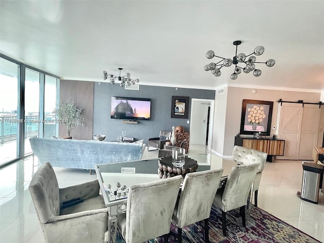 350 S Miami Ave Unit 3602, Miami, FL 33130 - tiled dining space featuring a chandelier, crown molding, and a barn door