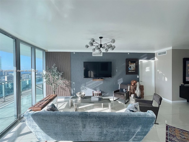 350 S Miami Ave Unit 3602, Miami, FL 33130 - living room with tile patterned floors, a chandelier, crown molding, expansive windows, and wallpapered walls