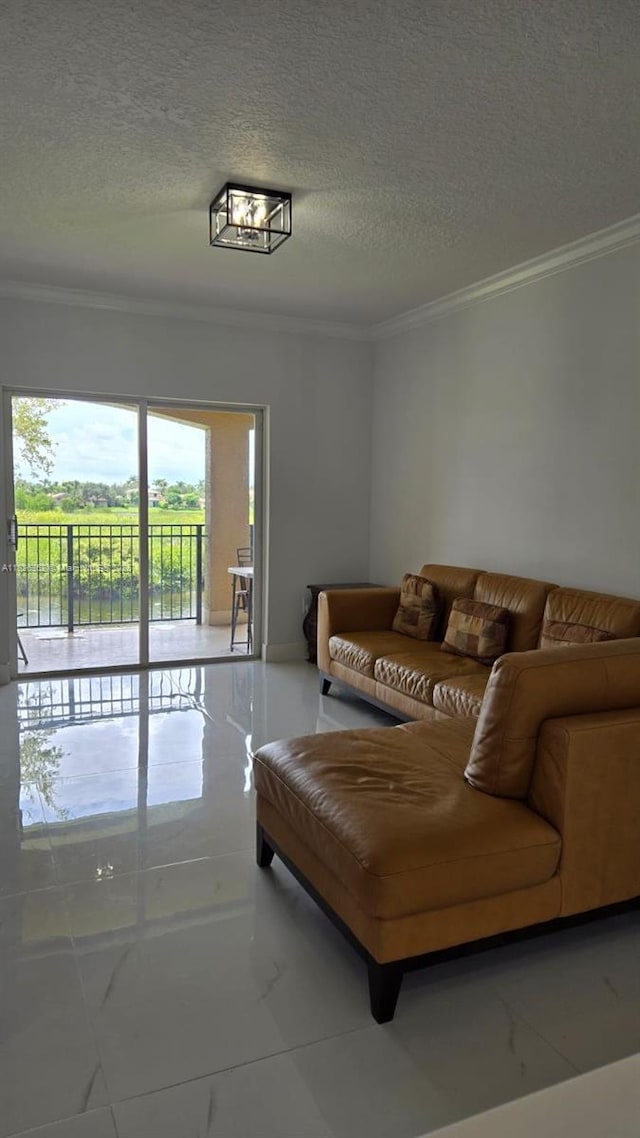 230 SW 117th Ter, Pembroke Pines, FL 33025 - living room featuring ornamental molding, a textured ceiling, and marble finish floors