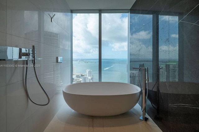 300 Biscayne Blvd Way Unit 4603, Miami, FL 33131 - bathroom with a freestanding tub, expansive windows, a tile shower, and a water view