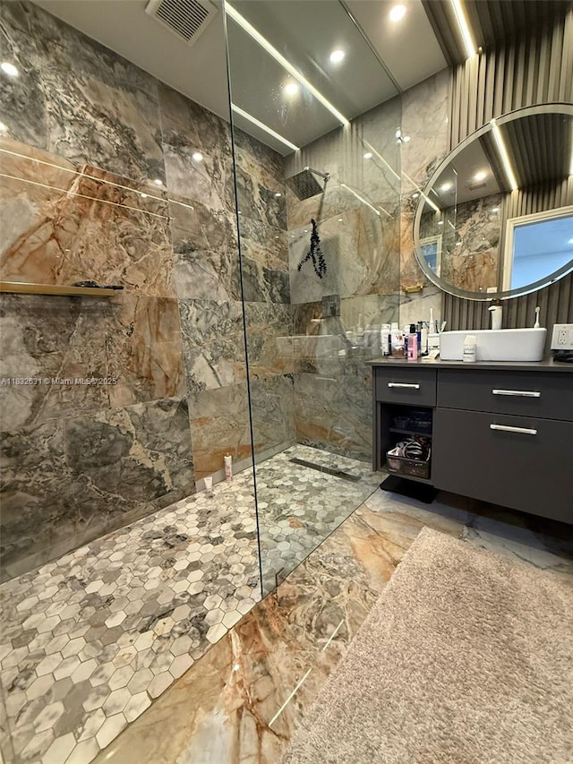 5838 Madison St, Hollywood, FL 33023 - full bath featuring a marble finish shower, vanity, marble tiled flooring, tile walls, and recessed lighting