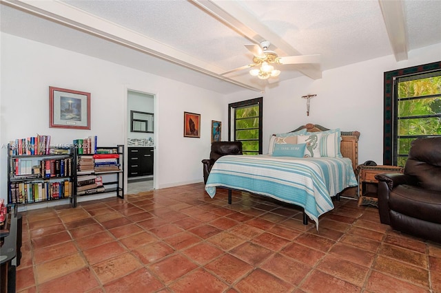 8445 SW 80th Pl, Miami, FL 33143 - bedroom with a textured ceiling, beamed ceiling, and a ceiling fan
