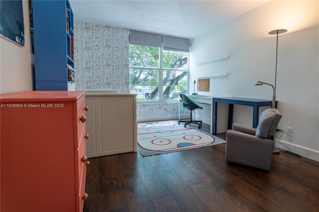 office featuring dark wood-type flooring and baseboards