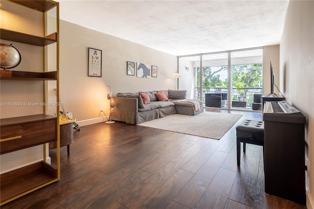 living area featuring expansive windows and dark wood-type flooring