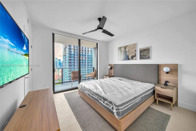 601NE 1st Ave Unit 3309, Miami, FL 33132 - bedroom featuring access to outside, light tile patterned floors, ceiling fan, and floor to ceiling windows