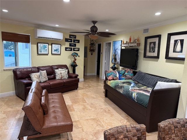 65821 Overseas Hwy, Long Key, FL 33001 - living room with a wall mounted AC, recessed lighting, ornamental molding, and a ceiling fan