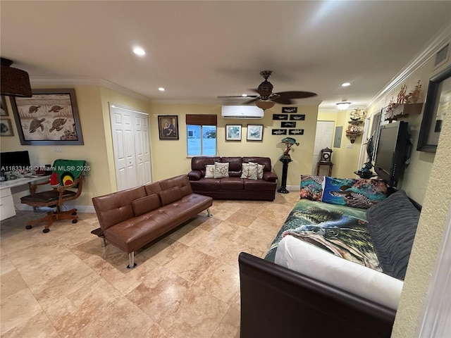 65821 Overseas Hwy, Long Key, FL 33001 - living area with crown molding, an office area, a wall mounted AC, recessed lighting, and a ceiling fan