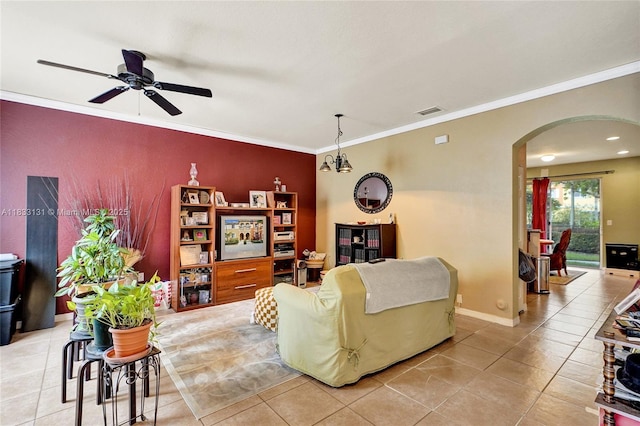 8956 SW 18th St Unit 1106, Miramar, FL 33025 - living room featuring arched walkways, light tile patterned floors, ornamental molding, and ceiling fan