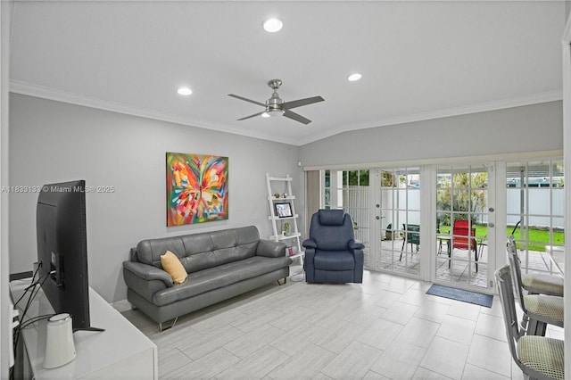 1173 NW 134th Pl, Miami, FL 33182 - living room with french doors, a ceiling fan, recessed lighting, and ornamental molding