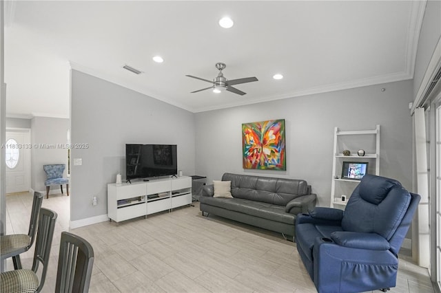 1173 NW 134th Pl, Miami, FL 33182 - living room featuring ceiling fan, ornamental molding, and recessed lighting