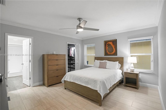 1173 NW 134th Pl, Miami, FL 33182 - bedroom featuring crown molding, a closet, a spacious closet, connected bathroom, and ceiling fan