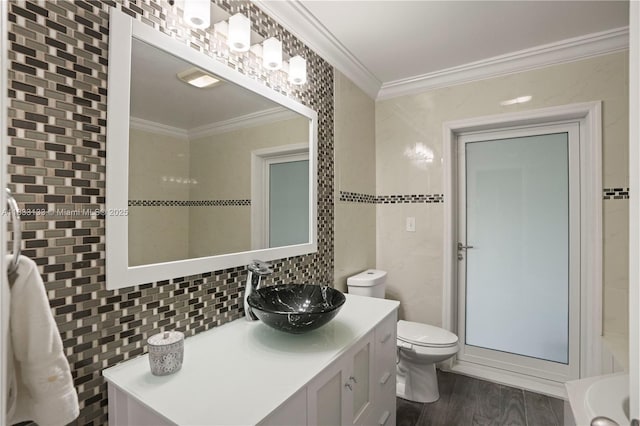 1173 NW 134th Pl, Miami, FL 33182 - full bathroom with tile walls, crown molding, vanity, wood finished floors, and tasteful backsplash