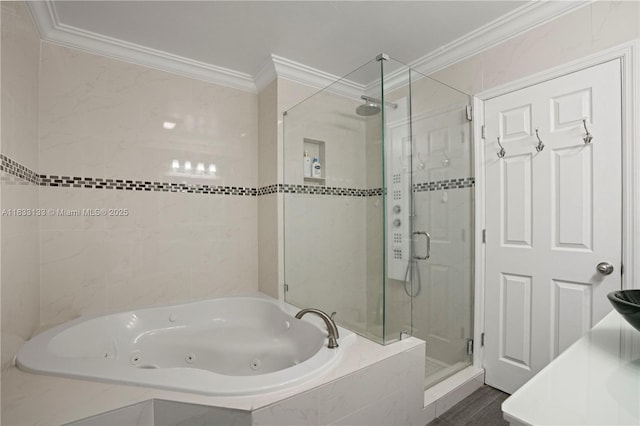 1173 NW 134th Pl, Miami, FL 33182 - bathroom with a shower stall, ornamental molding, and a whirlpool tub