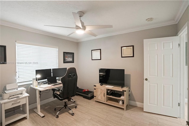 1173 NW 134th Pl, Miami, FL 33182 - office area with a ceiling fan, ornamental molding, and light wood-style floors