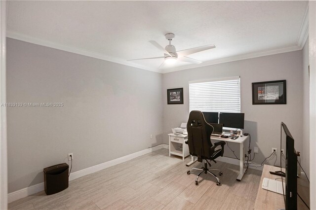 1173 NW 134th Pl, Miami, FL 33182 - office featuring ceiling fan, ornamental molding, and light wood-type flooring