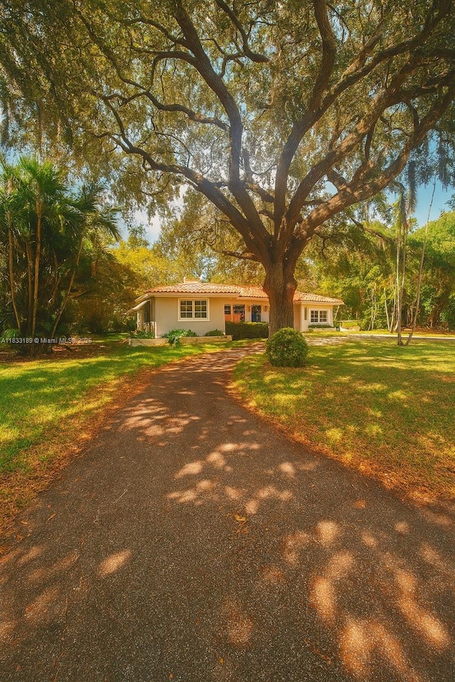 1180 NE 102nd St, Miami Shores, FL 33138 - ranch-style home with asphalt driveway, a front yard, and a tiled roof
