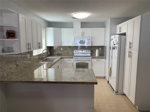 13375 NW 3rd Ter, Miami, FL 33182 - kitchen featuring white appliances, a peninsula, light stone counters, white cabinets, and a textured ceiling