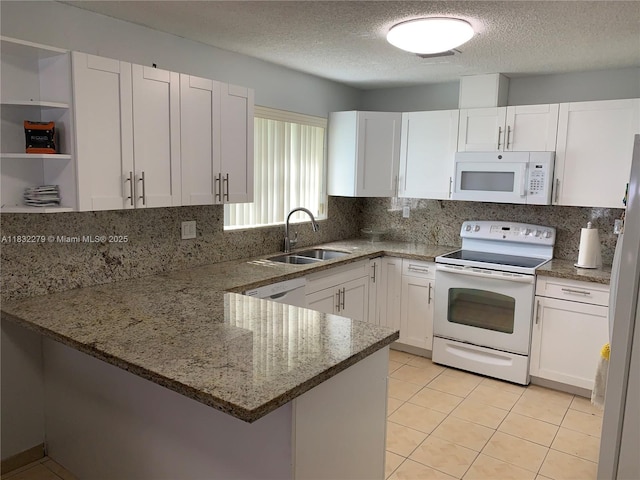 13375 NW 3rd Ter, Miami, FL 33182 - kitchen featuring white appliances, white cabinets, stone countertops, backsplash, and a peninsula