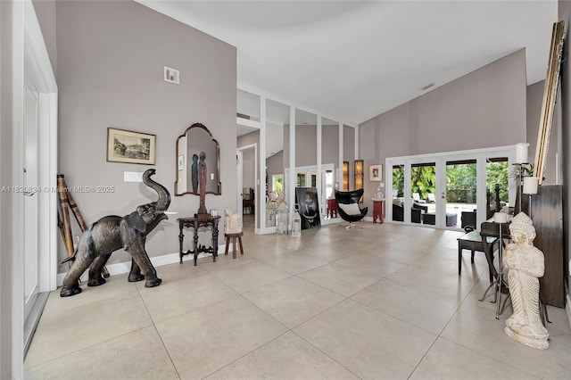 14460 Glencairn Rd, Miami Lakes, FL 33016 - interior space with high vaulted ceiling, tile patterned flooring, and french doors