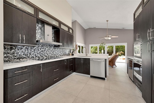 14460 Glencairn Rd, Miami Lakes, FL 33016 - kitchen with stainless steel appliances, tasteful backsplash, a ceiling fan, light countertops, and glass insert cabinets