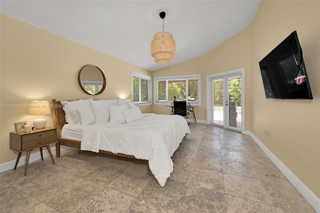 14460 Glencairn Rd, Miami Lakes, FL 33016 - bedroom featuring access to outside, light stone finish floors, and lofted ceiling