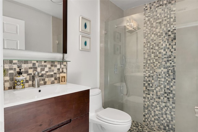 14460 Glencairn Rd, Miami Lakes, FL 33016 - bathroom with a stall shower, vanity, and decorative backsplash