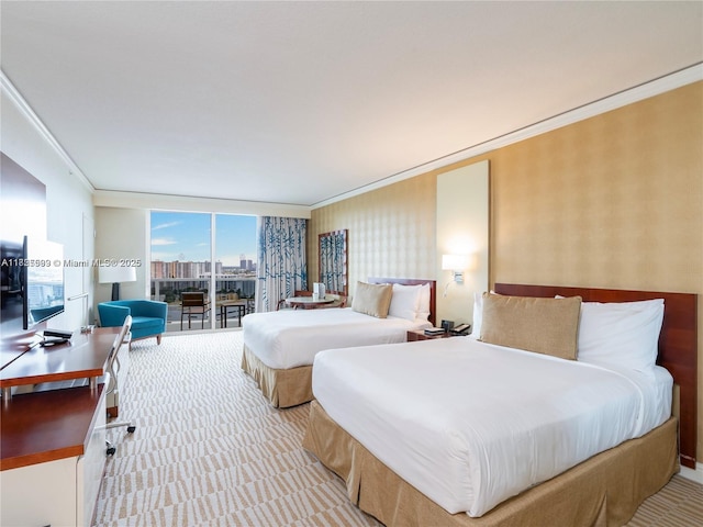 18001 Collins Ave Unit 1416-1417-1418, Sunny Isles Beach, FL 33160 - bedroom with wallpapered walls, access to exterior, ornamental molding, and carpet floors