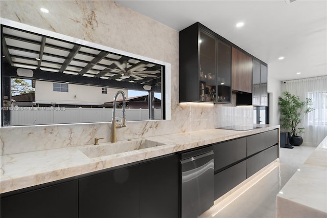 18082 SW 152nd Ct, Miami, FL 33187 - kitchen featuring dishwasher, backsplash, modern cabinets, light stone counters, and recessed lighting