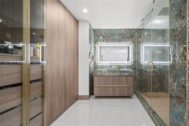 18082 SW 152nd Ct, Miami, FL 33187 - bathroom with vanity, marble tiled floors, and a shower stall