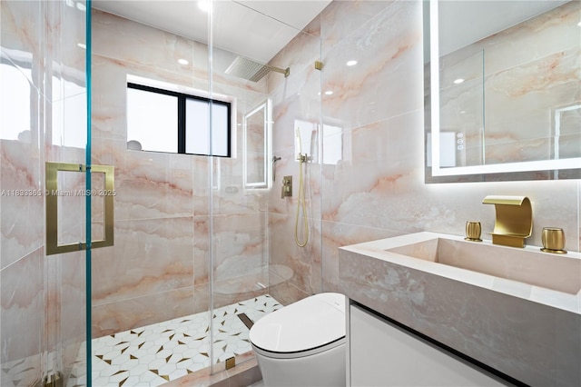 18082 SW 152nd Ct, Miami, FL 33187 - full bath with tile walls, vanity, and a marble finish shower