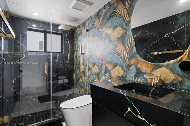 18082 SW 152nd Ct, Miami, FL 33187 - bathroom with a marble finish shower, vanity, and tile walls