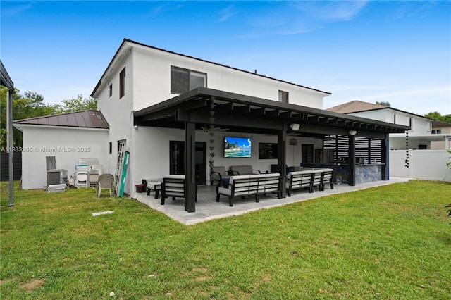 18082 SW 152nd Ct, Miami, FL 33187 - rear view of property with outdoor lounge area, a ceiling fan, stucco siding, a patio, and a standing seam roof