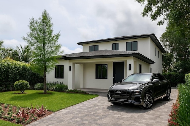 742 NW 70th St, Miami, FL 33150 - prairie-style home featuring stucco siding, a front lawn, and decorative driveway