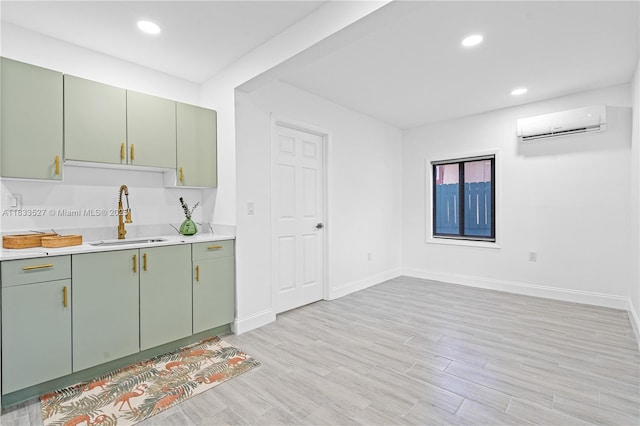 742 NW 70th St, Miami, FL 33150 - kitchen featuring green cabinetry, an AC wall unit, light countertops, light wood-style floors, and recessed lighting