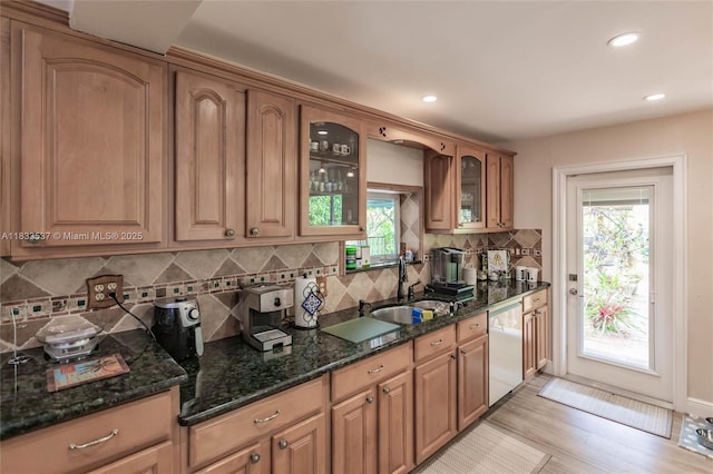 6250 SW 19th St, Miami, FL 33155 - kitchen featuring dishwasher, healthy amount of natural light, decorative backsplash, glass insert cabinets, and recessed lighting