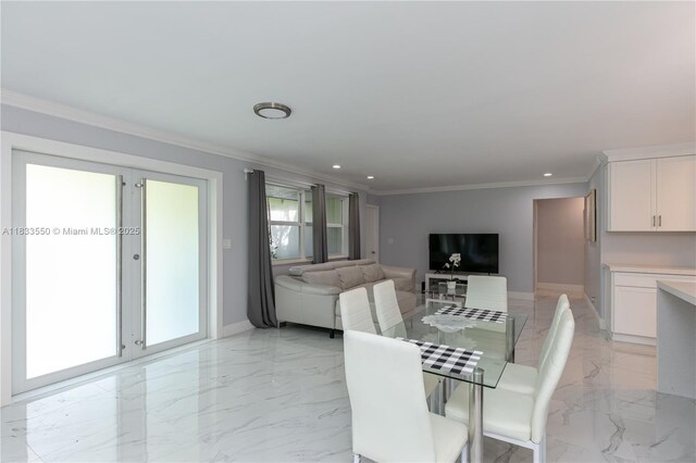 4326 Jackson St, Hollywood, FL 33021 - dining space featuring light marble finish flooring, ornamental molding, and recessed lighting
