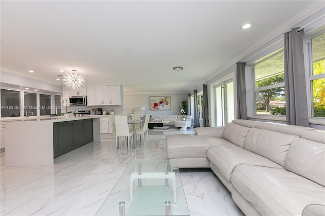 4326 Jackson St, Hollywood, FL 33021 - living area featuring crown molding, recessed lighting, light marble finish flooring, and a chandelier