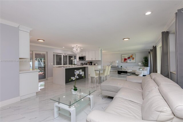 4326 Jackson St, Hollywood, FL 33021 - living room featuring ornamental molding, recessed lighting, and light marble finish floors