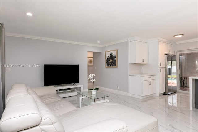 4326 Jackson St, Hollywood, FL 33021 - living room featuring ornamental molding, light marble finish flooring, and recessed lighting
