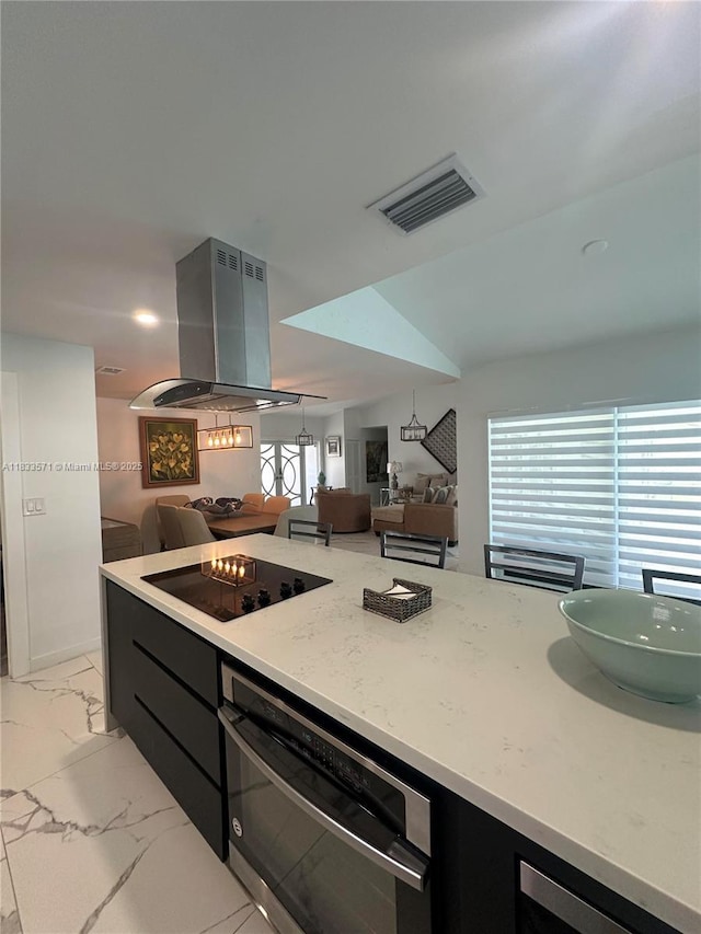 16385 Biscayne Blvd Unit 2702, North Miami Beach, FL 33160 - kitchen featuring island exhaust hood, black electric cooktop, open floor plan, wall oven, and dark cabinetry