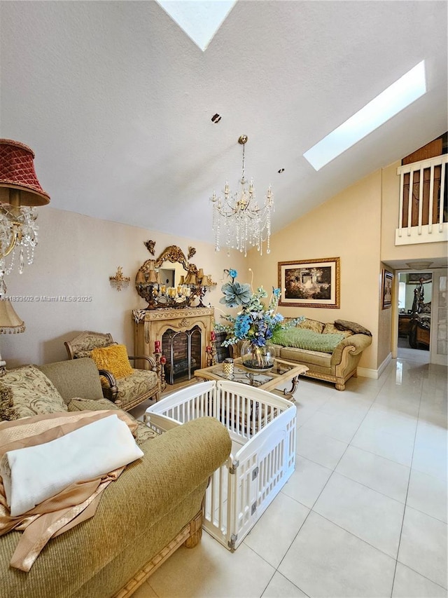 15126 NW 90th Ct, Miami Lakes, FL 33018 - tiled living room with a skylight, a chandelier, vaulted ceiling, and a fireplace