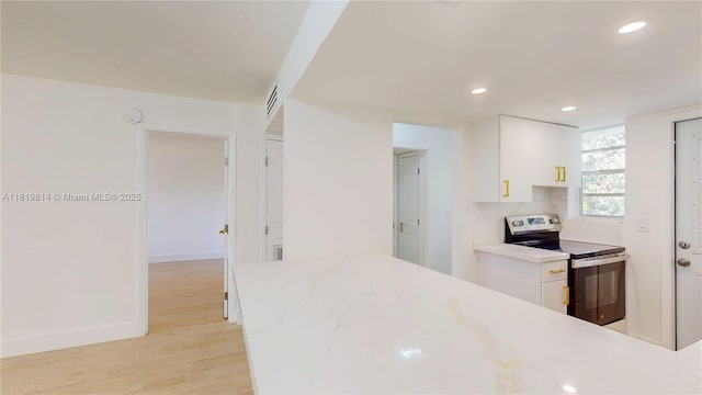1333 E Hallandale Beach Blvd Unit 326, Hallandale Beach, FL 33009 - kitchen with stainless steel electric range, white cabinets, light wood-style flooring, recessed lighting, and a peninsula